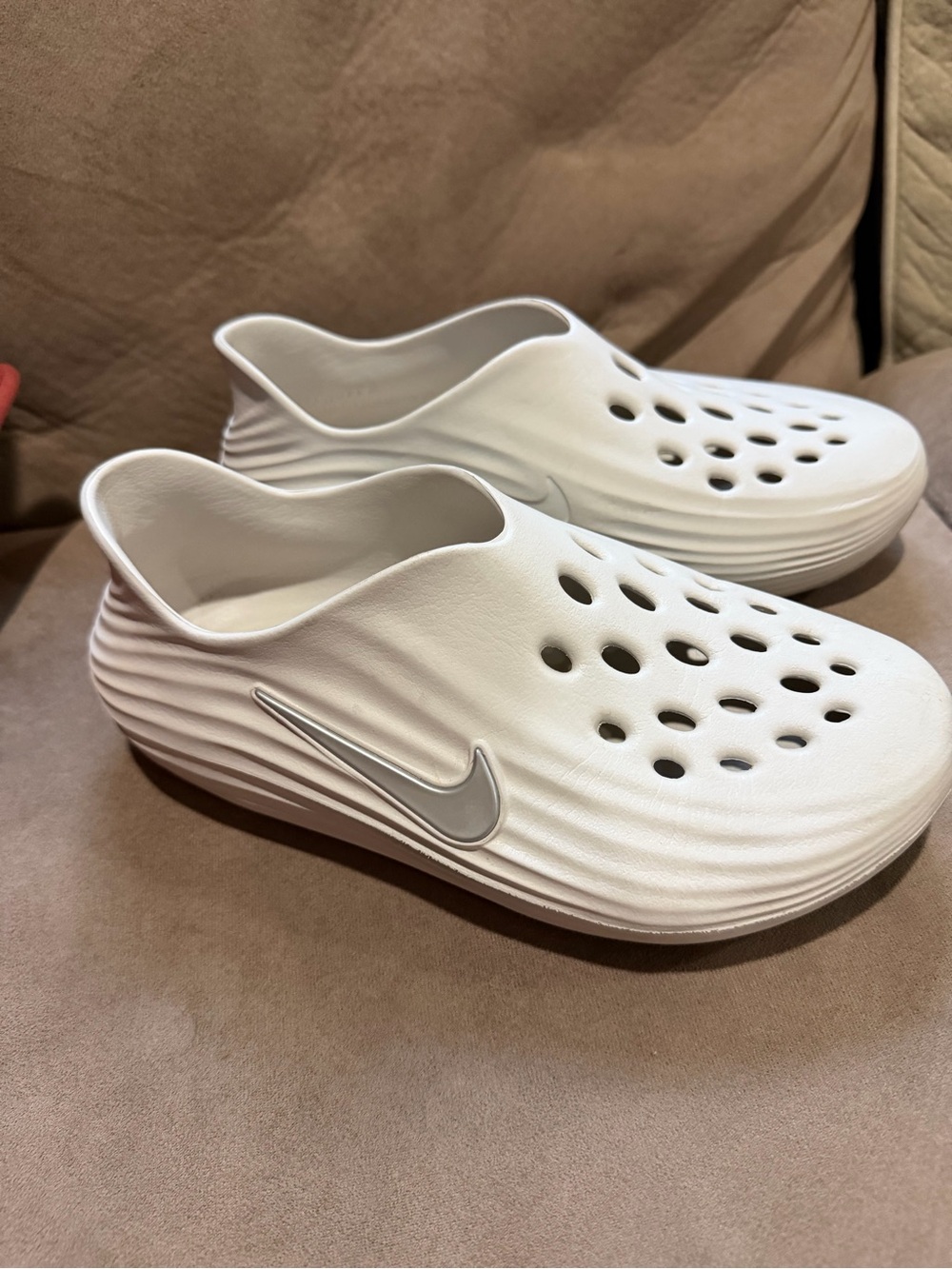 Nike White Foam Slip-On Clog with Silver Swoosh